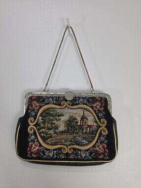Vintage Tapestry Frame-Top Handbag in Black and Gold